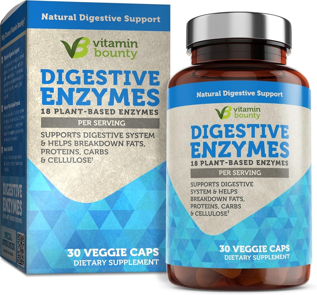 Vitamin Bounty Digestive Enzymer - Prebiotika med 18 Enzymer, Digestive Enzymer for kvinner og menn, Digestion Supplement, Bistand i å bryte ned fett, Proteiner og karbohydrater - 30 Kapsler