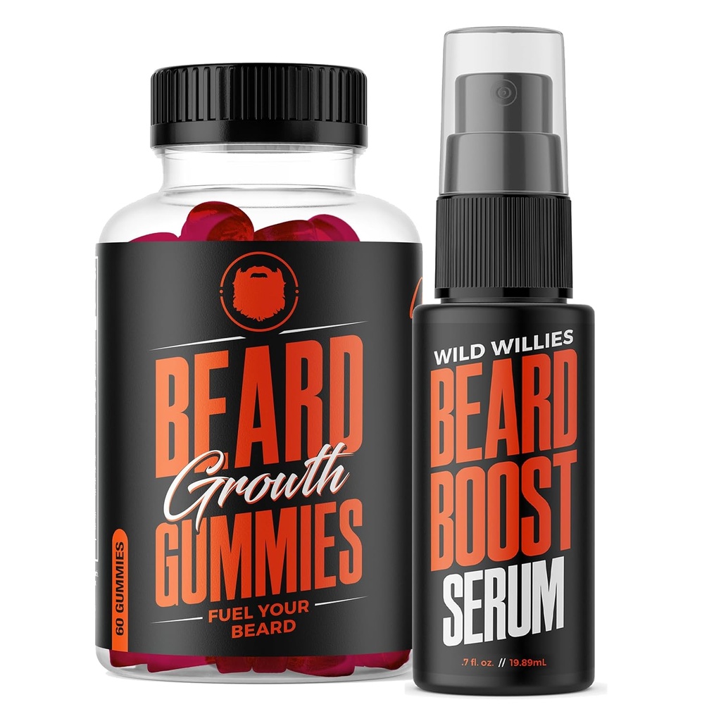 Wild Willies Beard Growth Dual Truseat: Skjeggvekst Gummier og serumsett for menn - Biotin, Koffein og essensiell vekstolje for fyldigere, tykkere ansiktshår - Beard vitaminer og forbedre Skjeggvekst