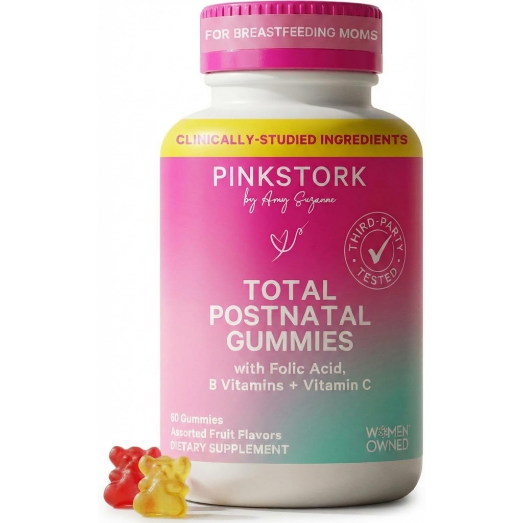 Pink Stork Total Postnatal Vitamin Gummies - Multivitamin for Postpartum Recovery and Lactation Support - Folic Acid, B6, & Vitamin C - Postpartum Essentials - 60 Gummy vitaminer