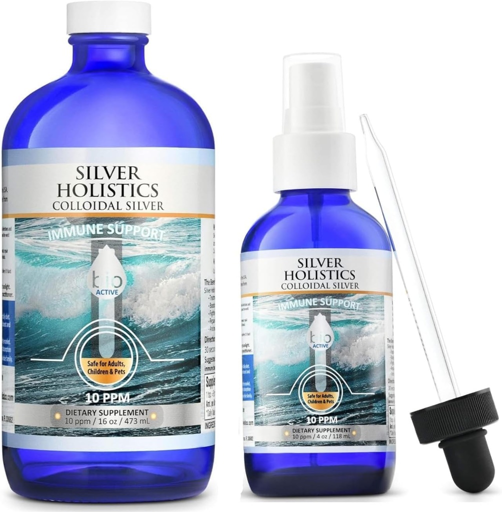 Sølv HOLISTICS Colloidal Silver Liquid Bundle – Inkluderer colloidal sølvsprøyte (4 OZ) og påfyllsløsning (16 OZ) med gratis dropper - immunstøtte til barn, voksne og kjæledyr