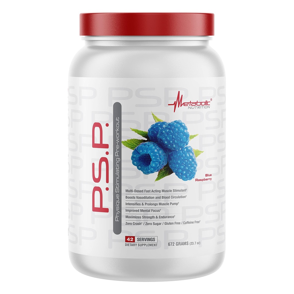 Metabolsk ernæring P.S.P. Fysikk stimulerer PreWorkout 672g null sukker koffein gratis (blå bringebær)