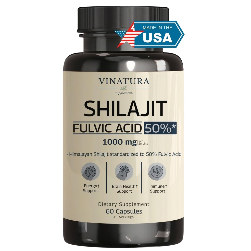 VINATURA Shilajit for menn og kvinner - 1000mg ren Himalayan Shilajit kapsler, standardisert til 50% Fulvic Acid - 60 kapsler