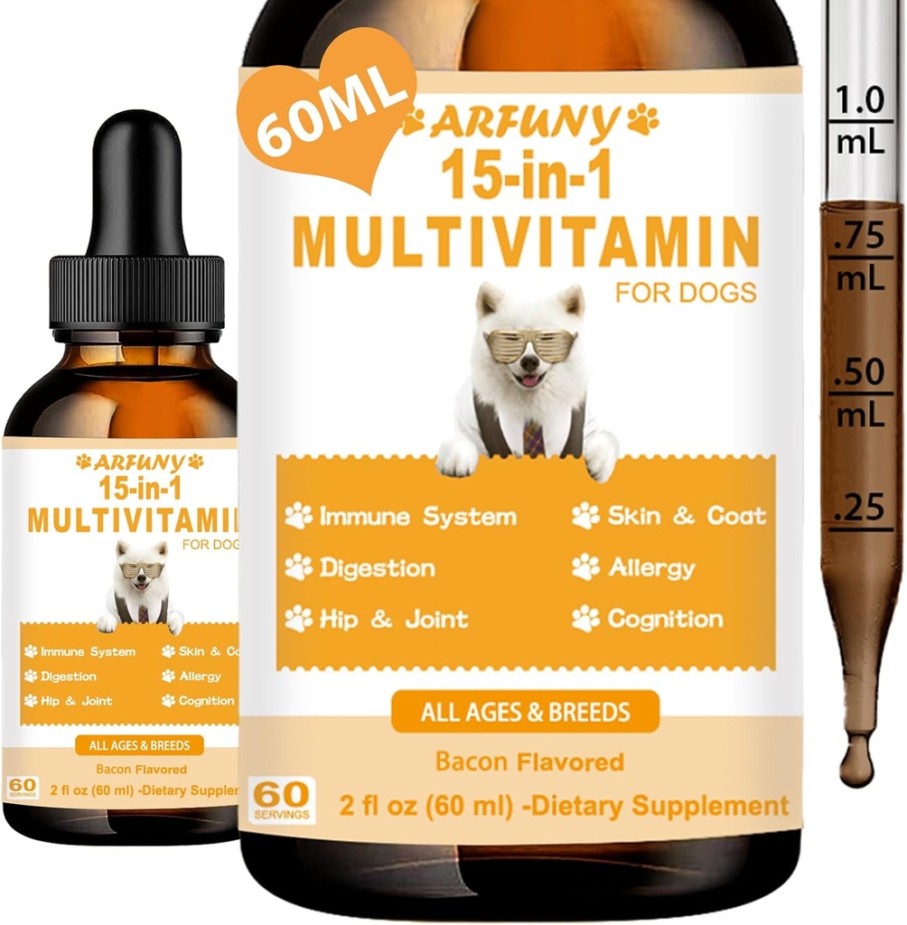 15 i 1 Multivitamin for hunder - Hunde Multivitamin flytende støtte felles, Gut & Immune Helse - Canine Digestion, hjerte, hud og Coat Helse - Vitamin Supplements for Puppy - Bacon Flavor