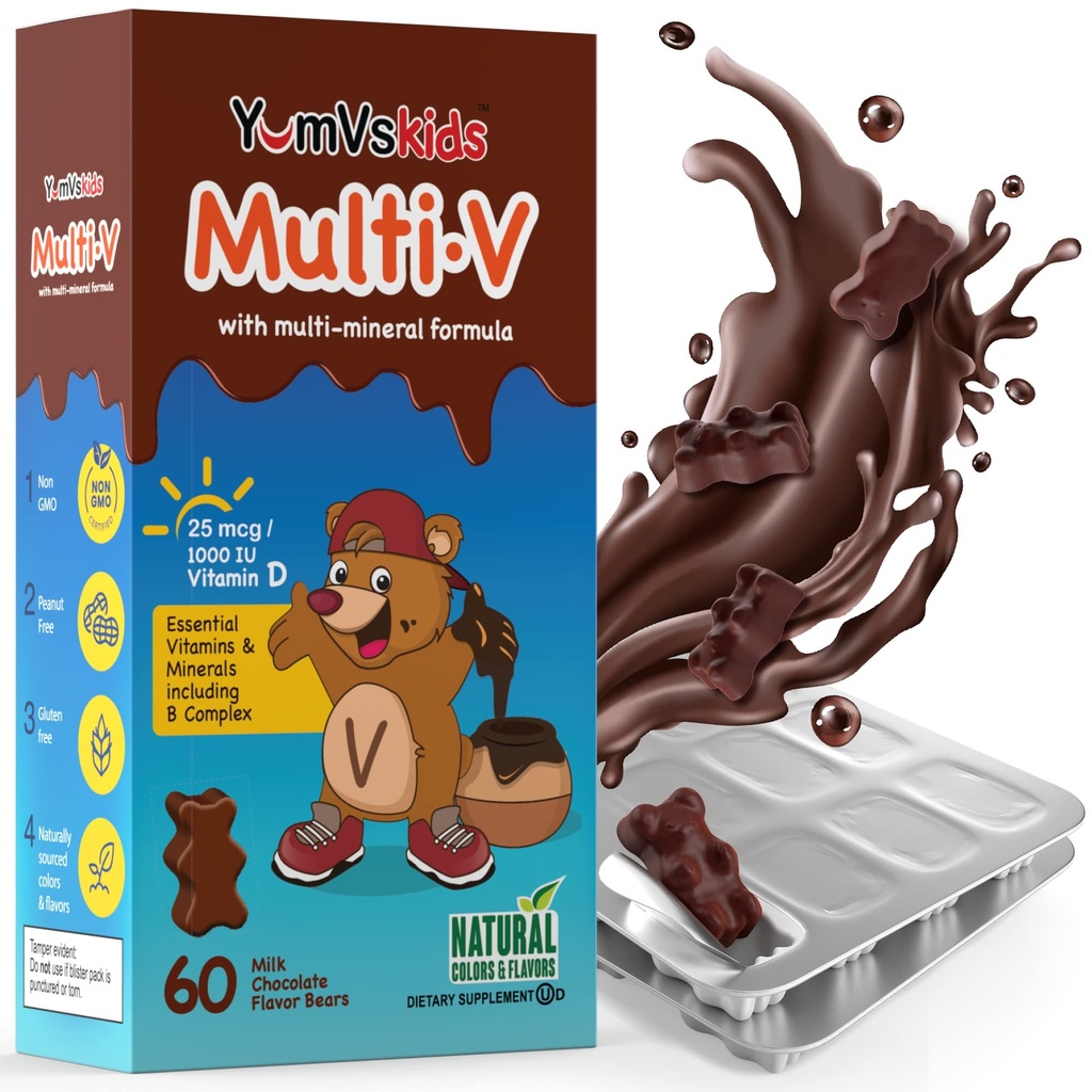 YUM-V'S - Kids Multivitamin Chewable sjokoladebjørne - Multivitamin for barn Supplement - 16 vitaminer og mineraler - vitaminer inkludert D, sink, C, B kompleks & mer, 60 Count Pack of 1