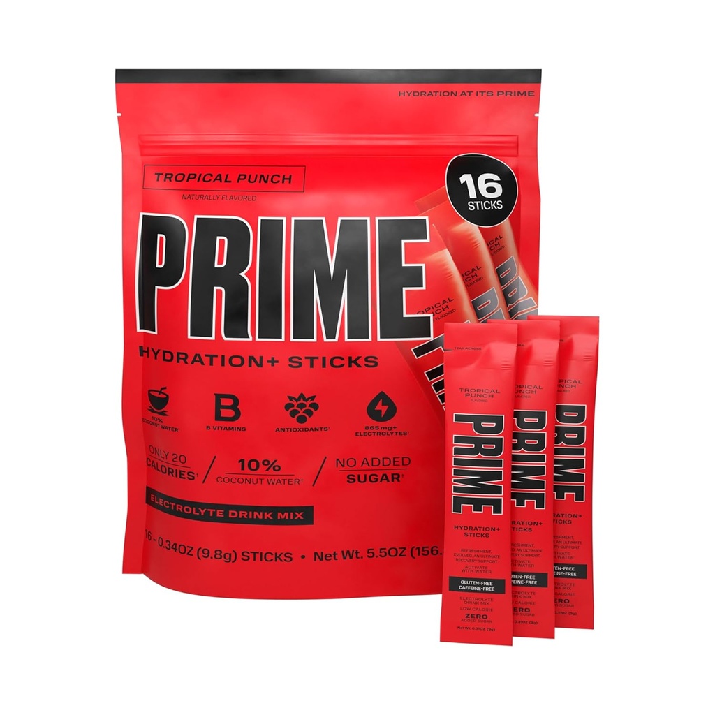 PRIME HYDRATION + Sticks Tropical Punch® Oversettelse Powder Single Servere Sticks Elektrolyte pulver på farten | 250 mg BCAA, B vitaminer, antioksidanter | Lav sukker | Koffeinfri | Vegansk | 16 Sticks