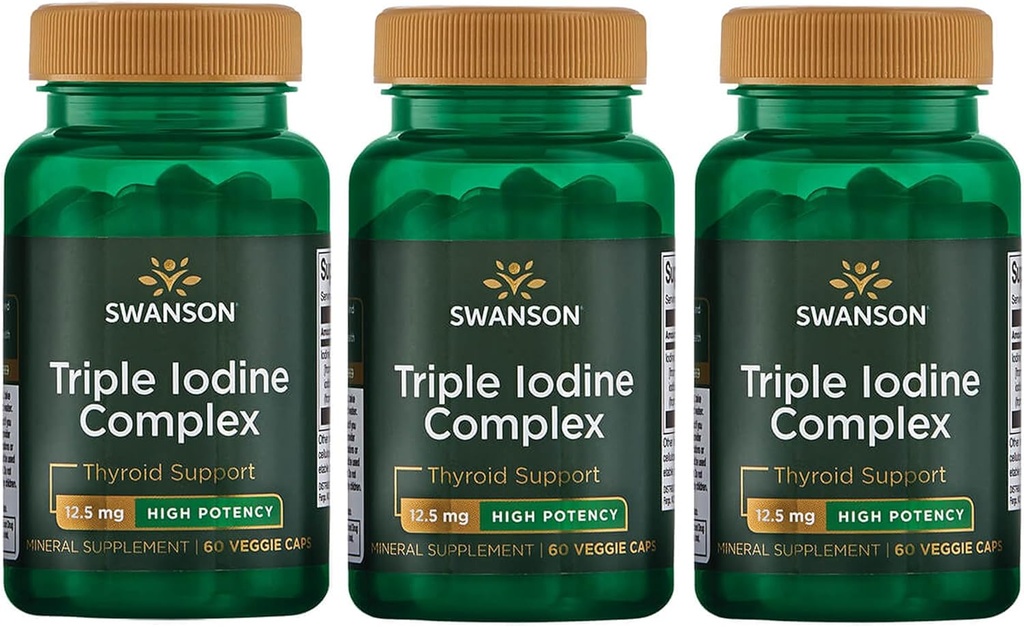 Swanson Triple Iodine Complex-Naturlig Supplement for Vital Thyroid Support-Promotes Metabolic funksjon, økt produksjon av røde blodceller, og hjerte Helse-(60 Veggie Kapsler, 12,5 mg Hver) (3 pakke)