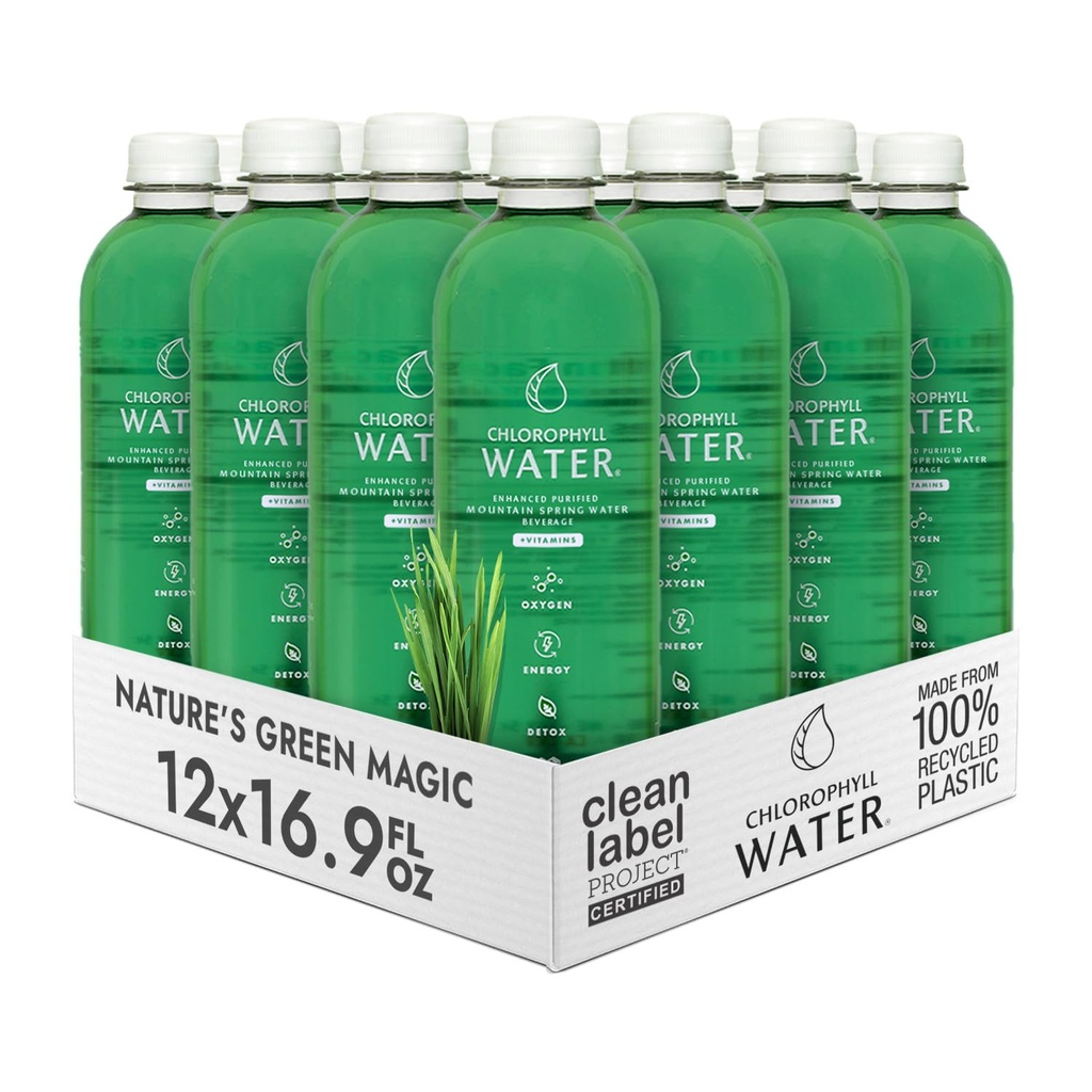 Klorofyllvann – flytende klorofyll 12-pakke (16.9oz) | Vitamin A, B12, C, D | Detox Cleanse, Alkaline vann, energiforsterkning | Vitaminvann | Plantebasert | Ren etikett prosjekt | Hydration støtte