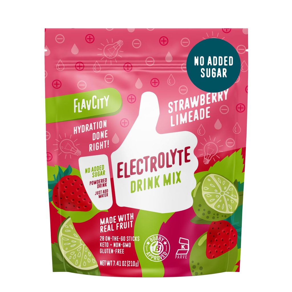 FlavCity Strawberry Limeade Electrolytes Powder Packets - 28 Hydration Packets - Ingen tilsatt sukker - Hydration pulver med ekte frukt og uraffinert sjø salt - keto & glutenfri (28 Stick Packs)