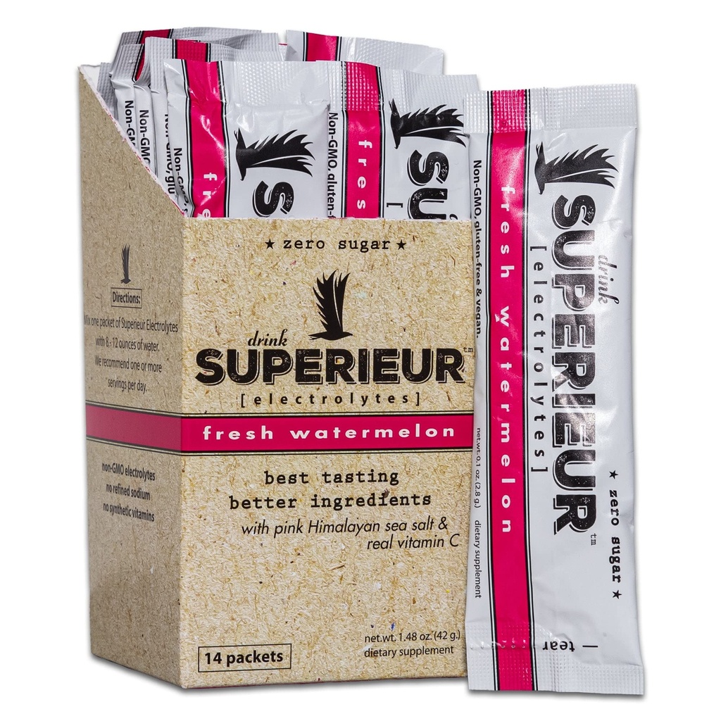 Superieur Electrolyte Powder Packets - Vegan Electrolyte Hydration Powder m/Sea Minerals - Keto vennlige, ikke-GMO, Zero Sugar Electrolyte Supplement - Sunn Sports Drink - Vannmelon (14 Packets)