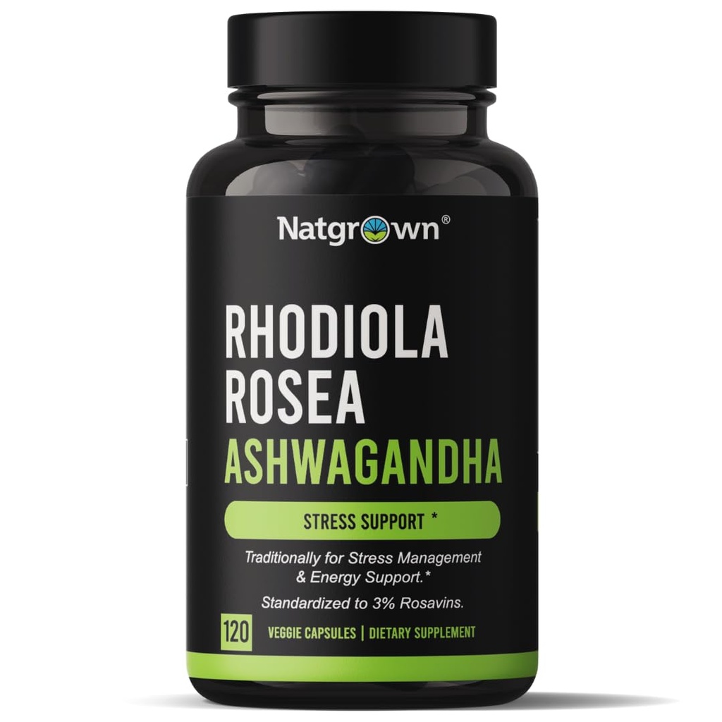 Natgrown Rhodiola Rosea med Ashwagandha Root Extract Kapsler - Standardisert til 3% Rosavins og 1% Salidroside - 120 Teller