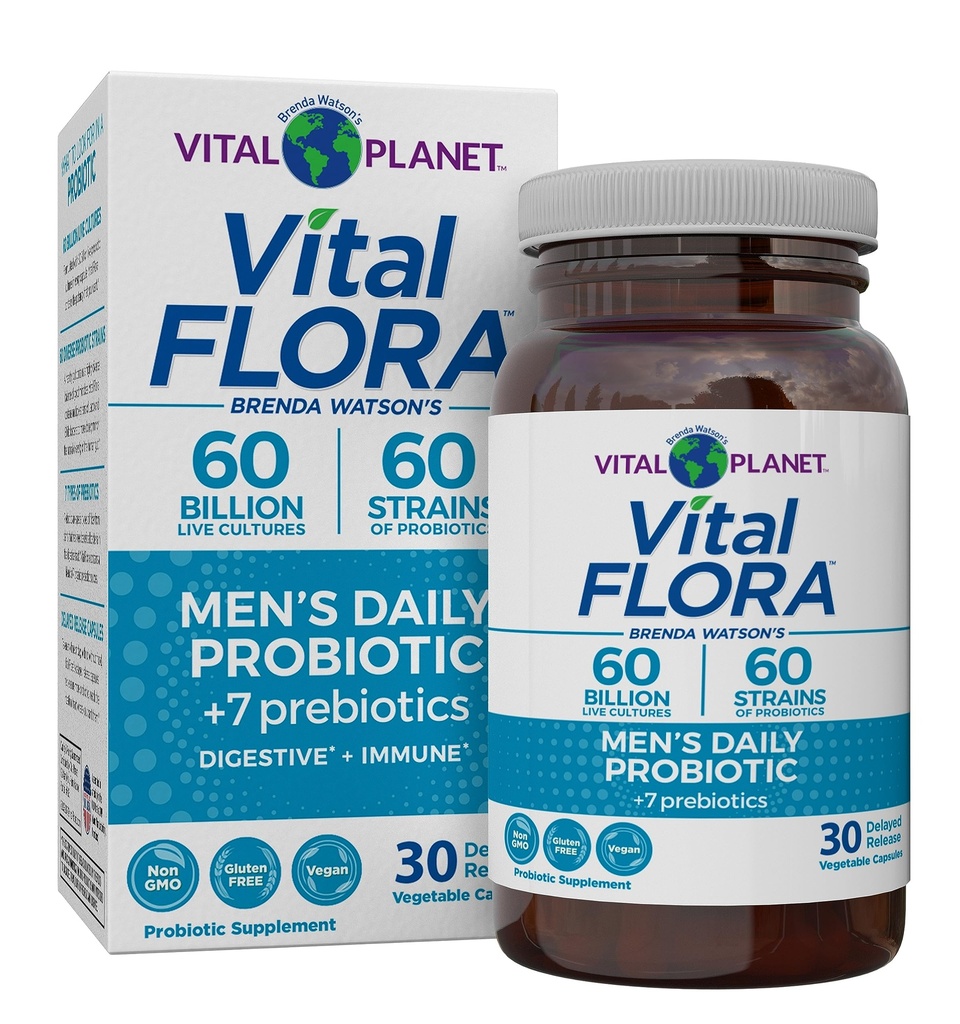 Vital Planet - Vital Flora Mens Daily Probiotic, 60 milliarder CFU, 60 diverse strutser, 7 organiske prebiotika, immunstøtte, gass lindring, kolon og digestive helseprobiotika for menn 30 kapsler