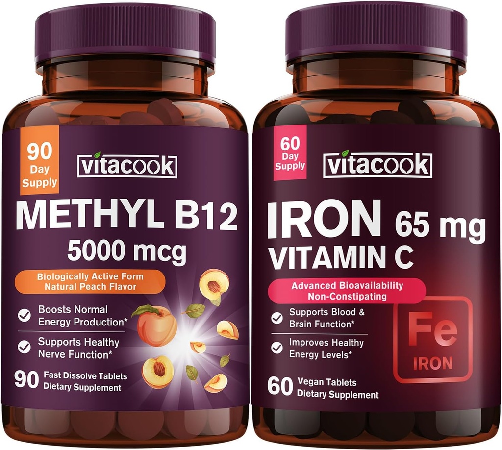Jern og vitamin B12 Bundle, 5000 mcg B12, null sukker, karbonyl jern med vitamin C, gentle på magen