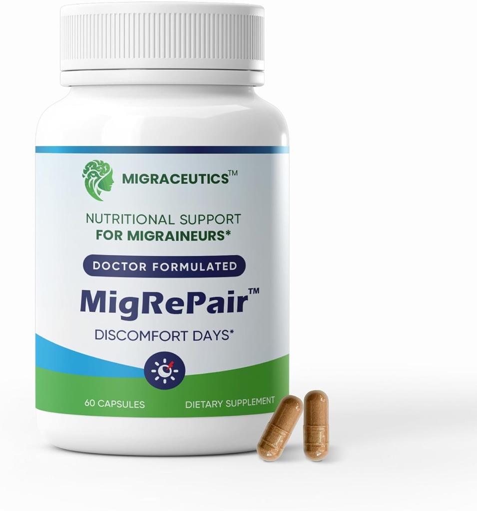MigRePair Flaske av 60 - Doktor Formulerte Migraine Relief Kosttilskudd - Naturlig Herbal Støtte med Feverfew, Butterbur & Grape Seed - Migraine Supplement for kvinner & menn - Migraine hodepine Støtte