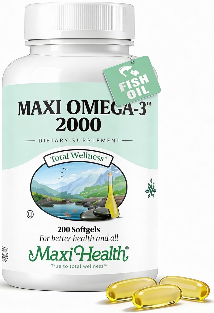 Omega 3 Supplement - Omega-3 Fish Oil 2000mg - naturlig kilde til EPA & DHA - hjerte, hjerne og felles helse - Kosher Certified Wild Caught Marine Fish - 200 Vegetariske Softgels av Maxi Helse