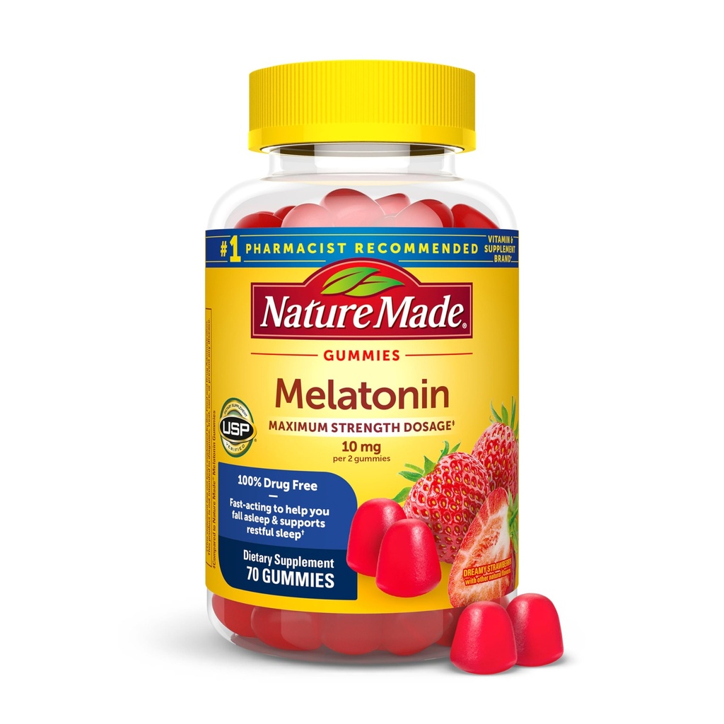 Natur laget Melatonin 10mg per porsjon Gummies for voksne, maksimal styrke dosering søvnhjelp, 100% narkotika gratis, 70 teller Melatonin gummies, 35 dagers forsyning