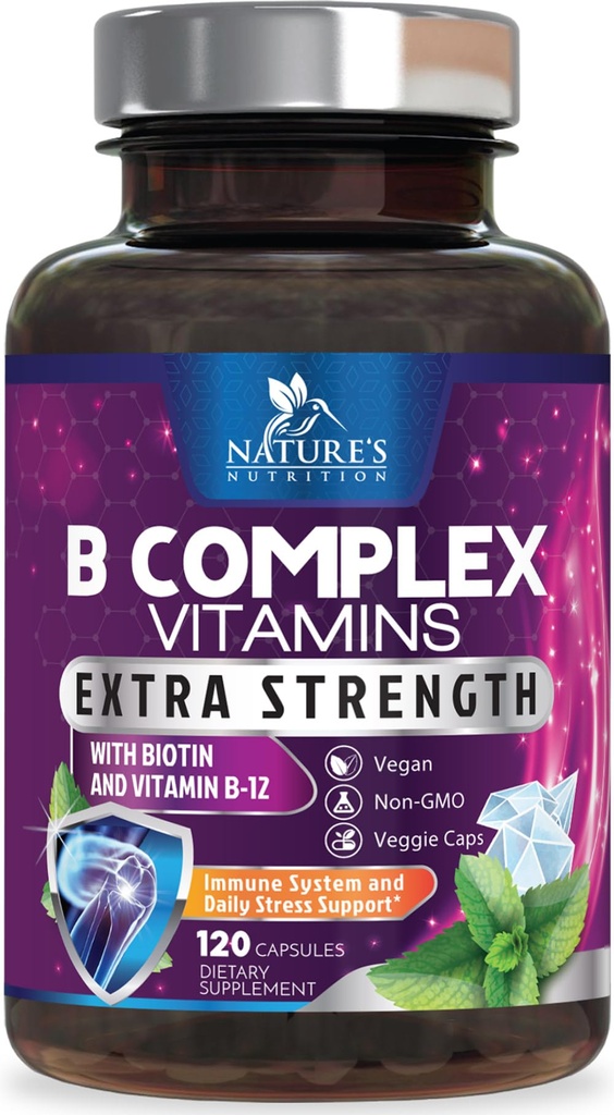 B-kompleks vitaminer Kapsler - med vitamin B12 B6 B100 C Biotin Folat & folsyre - Supplement for hjerte, hjerne, og nerve støtte - Super komplette B-kompleks for immun & energi støtte - 120 Kapsler