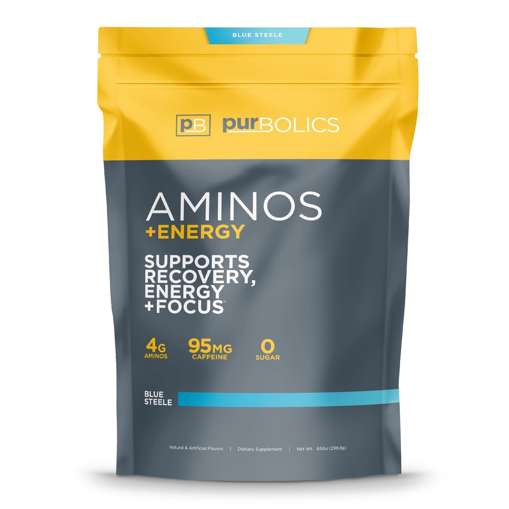 Purbolics Aminos + Energi | Støtter utvinning, energi og fokus | 95 mg koffein, 0 kalorier og 60 serveringer (Blue Steele)