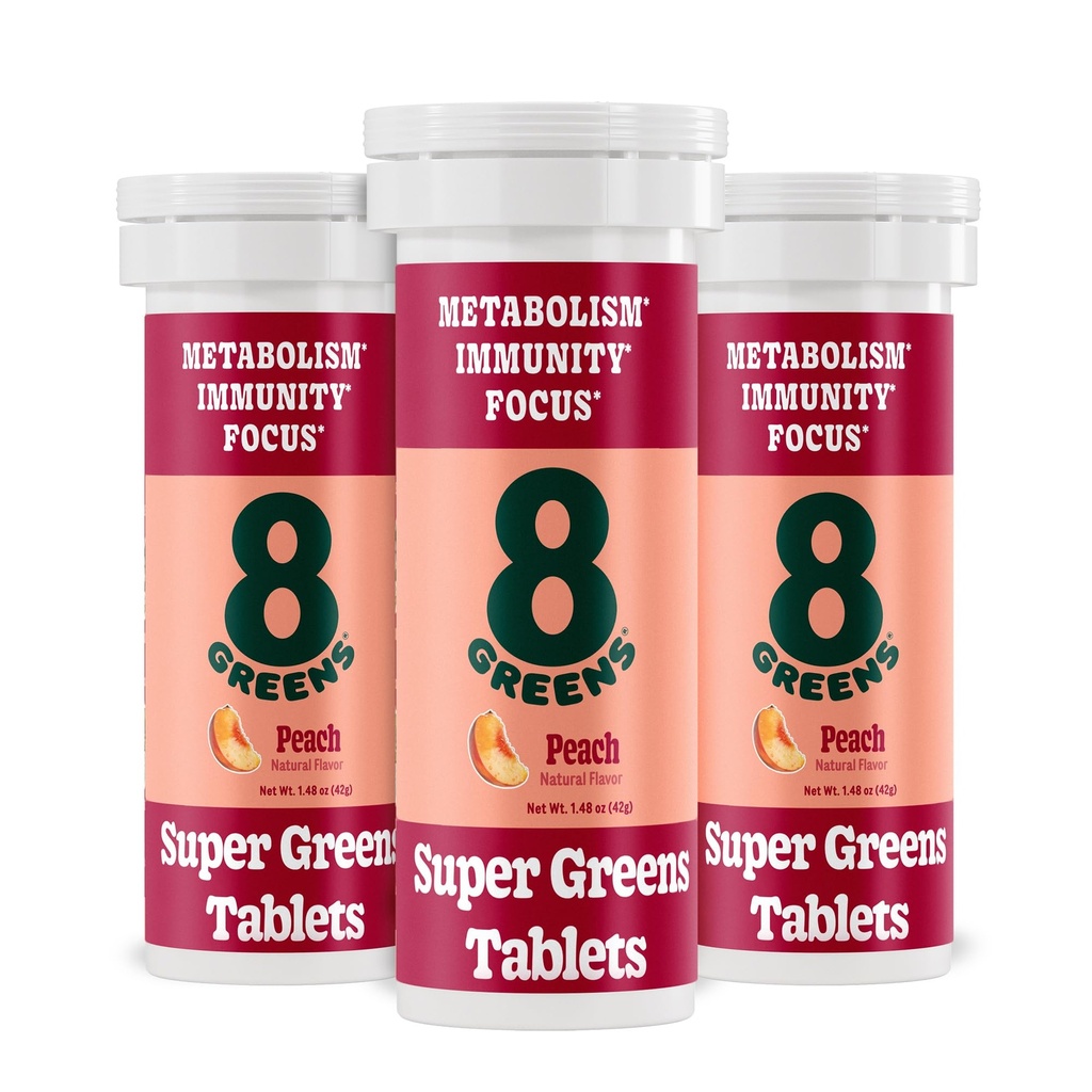 8Greens Supergreens Tabletter Super Greens Powder Superfood Tablett, Metabolisme Immunitet & Fokus, Daglige Grønne Effervescent Tabletter, Organisk: Aloe Vera, Spirulina, Klorella, Peach, 30 Services