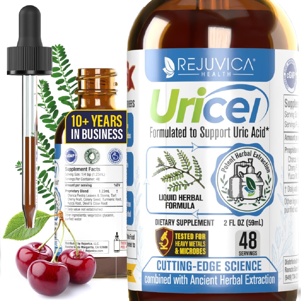 Uricel - Avansert Uric Acid Support & Cleanse Supplement - Felles & Nyre Støtte - Flytende Levering for bedre absorpsjon - Tart Cherry, Chanca Piedra, Celery Seed & Turmeric - 2 fl oz