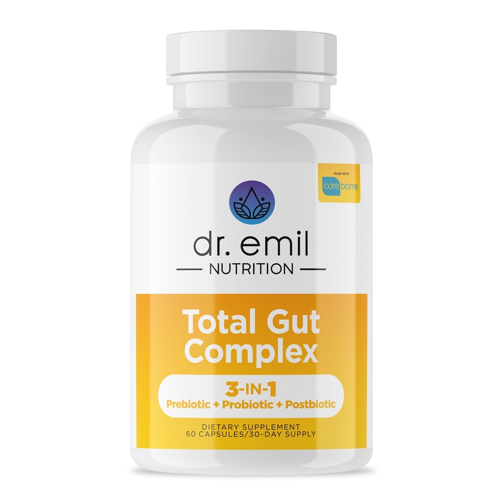 DR. EMIL NUTRITION Kvinner og menn Total Gut Helsekompleks | Prebiotic + Probiotic + Postbiotic Gut Helse Supplement | Probiotika Digestive Helse & Gut | 60 Kapsler