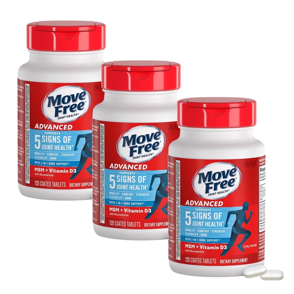 Flytte gratis Advanced Glucosamine Chondroitin MSM + Vitamin D3 Fellesstøtte Supplement, støtter mobilitet Comfort Styrke Fleksibilitet & Bein + Immune Helse - Tablett, 3x120ct flasker (120 porsjoner) *