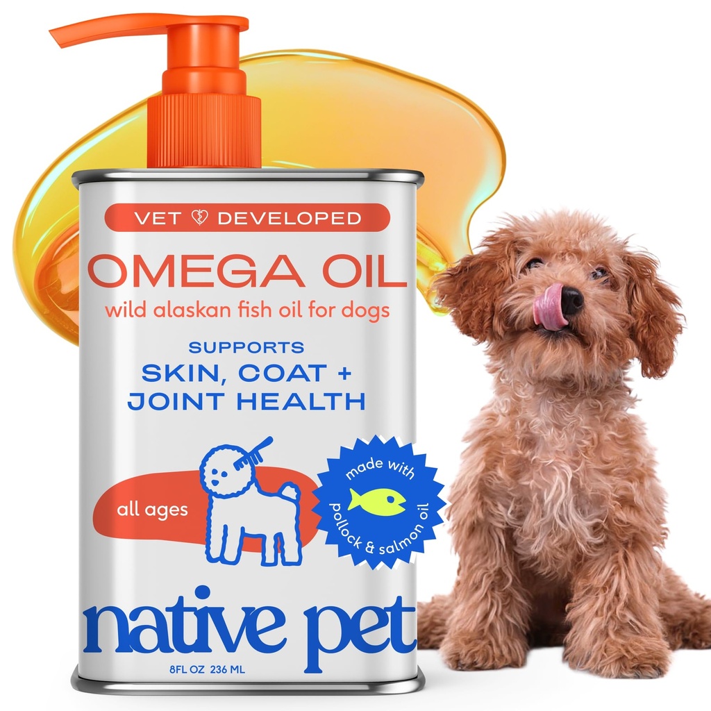 Native Pet Omega 3 Fish Oil for hunder og katter - fremmer sunn hud, skinnende Coat, og sterke ledd - laget med Wild Alaskan Salmon Oil for hunder - Tastig, raskabsorberende Omega 3 6 9 flytende kosttilskudd - 8oz