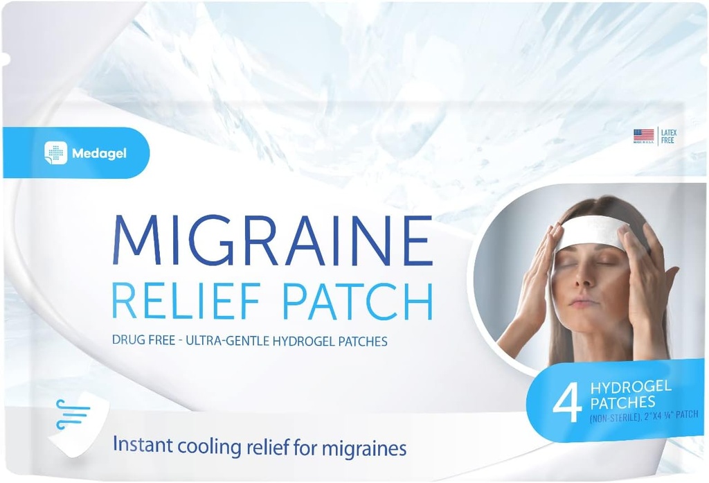 Migraine Relief Patch, Kjølelapper for migrain, feber, hormon, og hodepine, Mess & Odor-fri Hydrogelkjøling, laget i USA, 1 pakke (4 x Patches) Hvit
