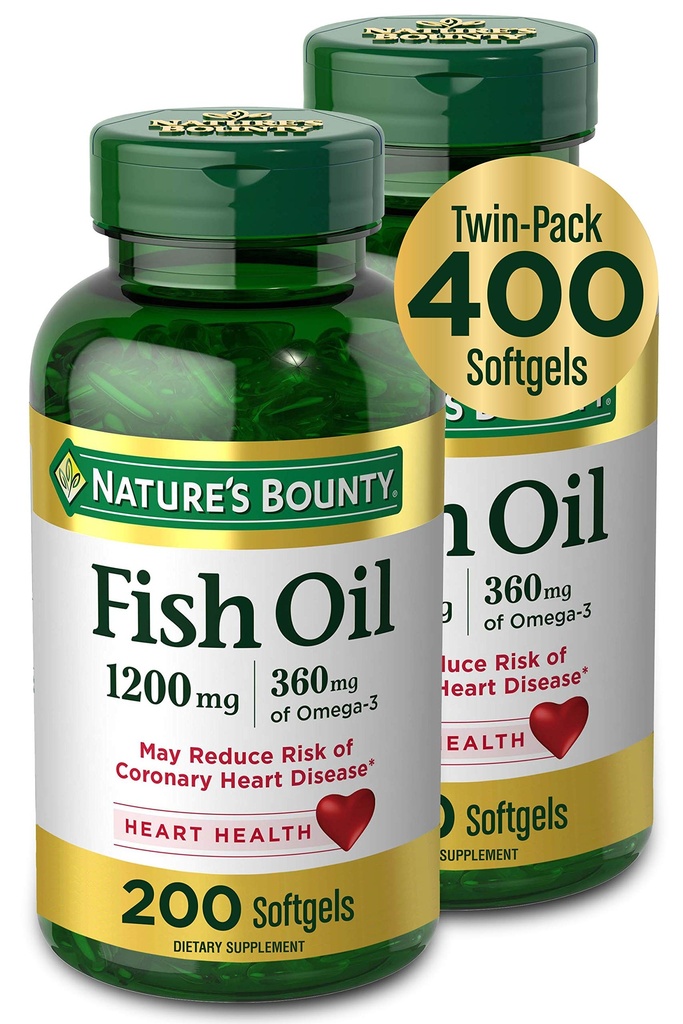 Naturens Bounty Fish Oil, Kosttilskudd med 360 mg Omega-3, støtter hjerte helse, 1200 mg, 200 Softgels (pakke med 2)