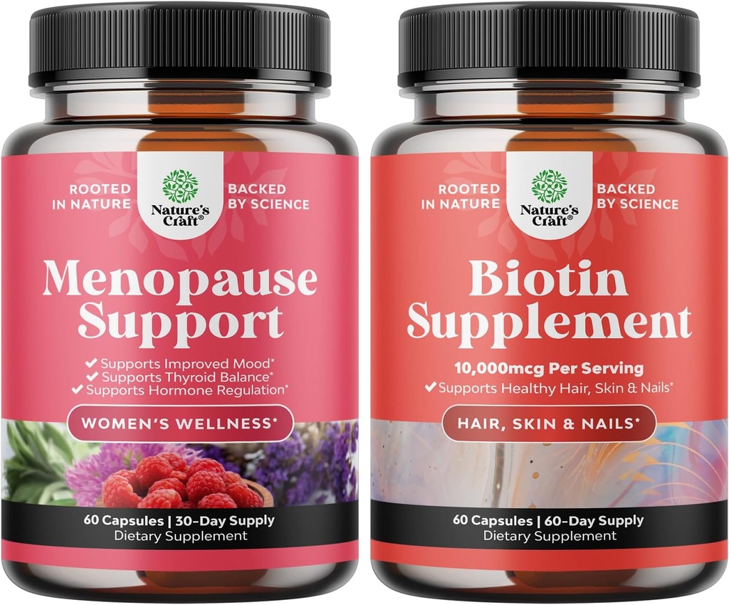 Bundle av Herbal Menopause Supplement for kvinner og 10000 mg ren biotin piller for kvinner og menn - Perfekt for østrogenbalanse - Stopp hår tap naturlig supplement