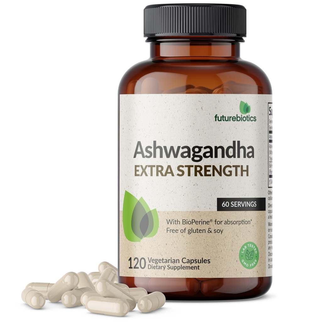 Futurebiotika Ashwagandha Extra styrke Stress & Mood Support med BioPerine - Ikke GMO Formula, 120 Vegetariske kapsler