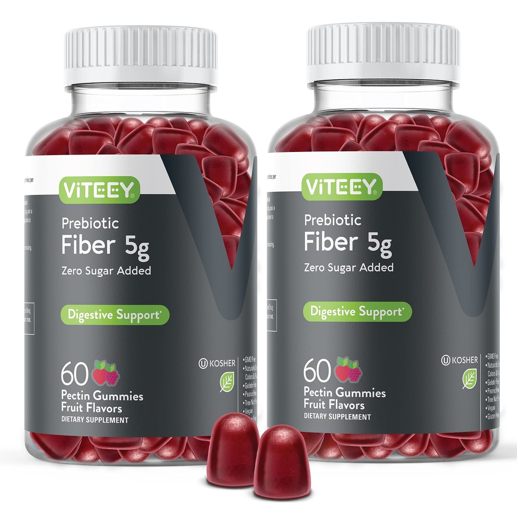 Viteey Prebiotic Fiber Gummier for voksne, 5g - Gut Helse & Digestiv Fiber Supplement Gummier - Null sukker lagt til, Vegansk, Glutenfri - 120 greve