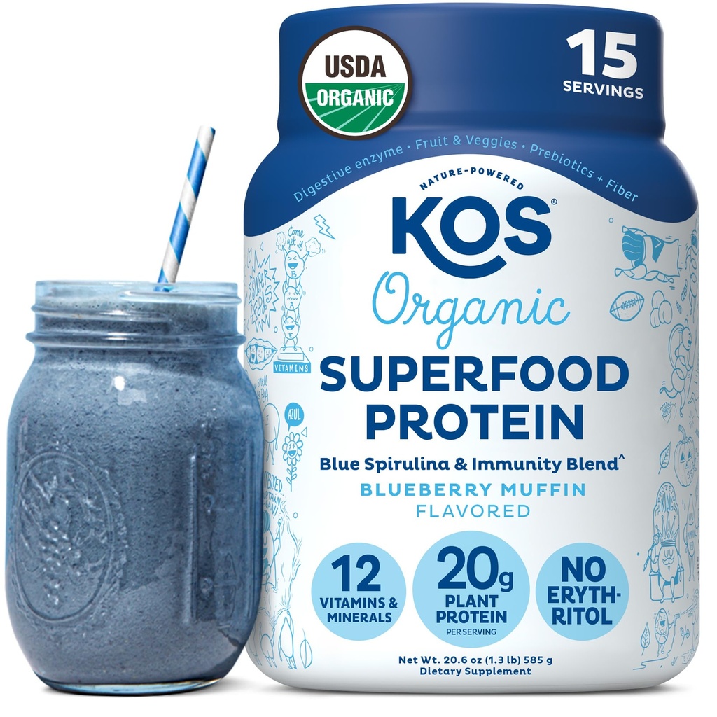 KOS Plante Basert Protein pulver, Blåbær Muffin - Organic Pea Protein Superfood med Spirulina og immunstøtte blanding. Soja, Gluten, Dairy Free - Vegansk måltid Erstatning for kvinner og menn - 15 Serveringer