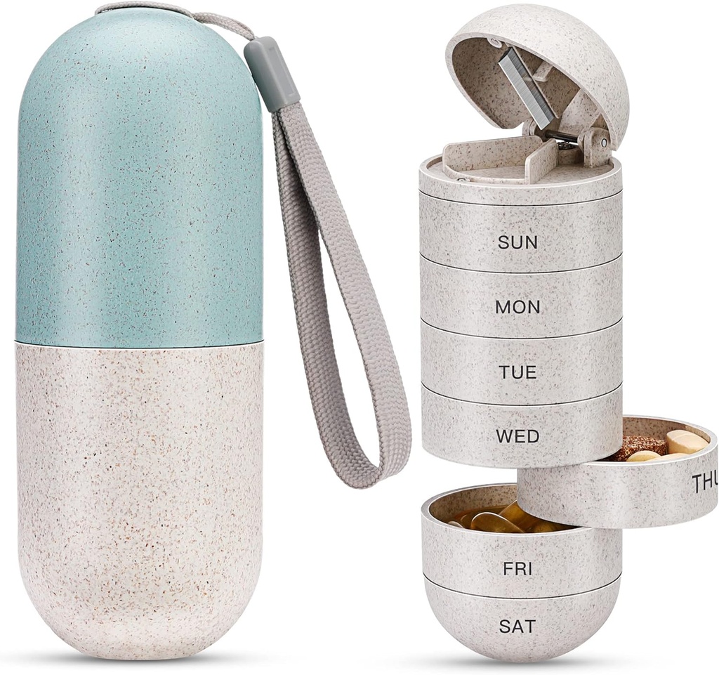 Zannaki 2 i 1 Pille Arrangør med Cutter,Grain Fiber Ukent Pille Case Stor sammenligning Bevegelse Bevis,Magnetisk lås,BPA Gratis reise Hiking Pille Box 7 dager å holde piller,Vitaminer, Fish Oil,Supplements