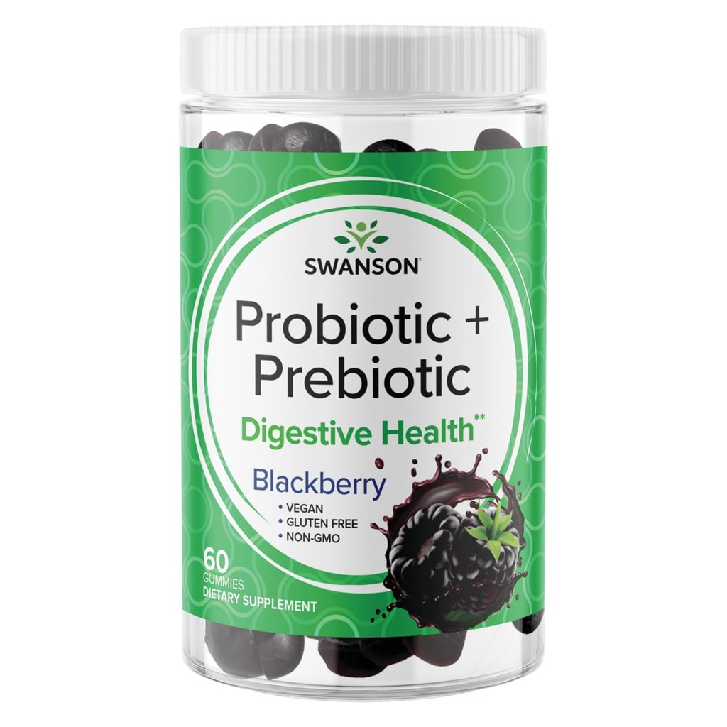 Swanson Probiotic + Prebiotic Gummies - Digestiv støtte Supplement for å fremme digestiv funksjon & Bowell Regularity - Hjelper til å støtte immunhelse - (BlackBerry, 60 Gummies)