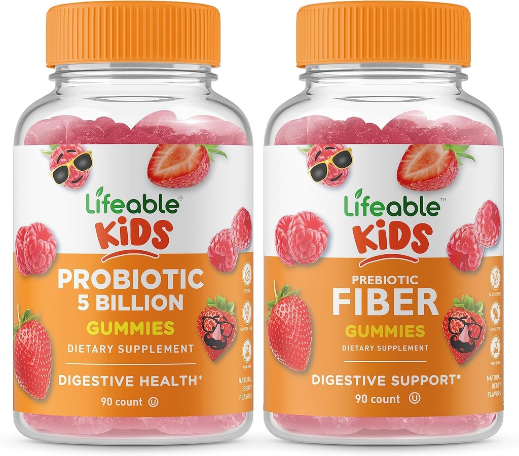 Livbare Probiotika 5 milliarder Kids + Prebiotic Fiber Kids, Gummies Bundle - Great Tasting, vitamin Supplement, Glutenfri, GMO Free, Chewable Gummy
