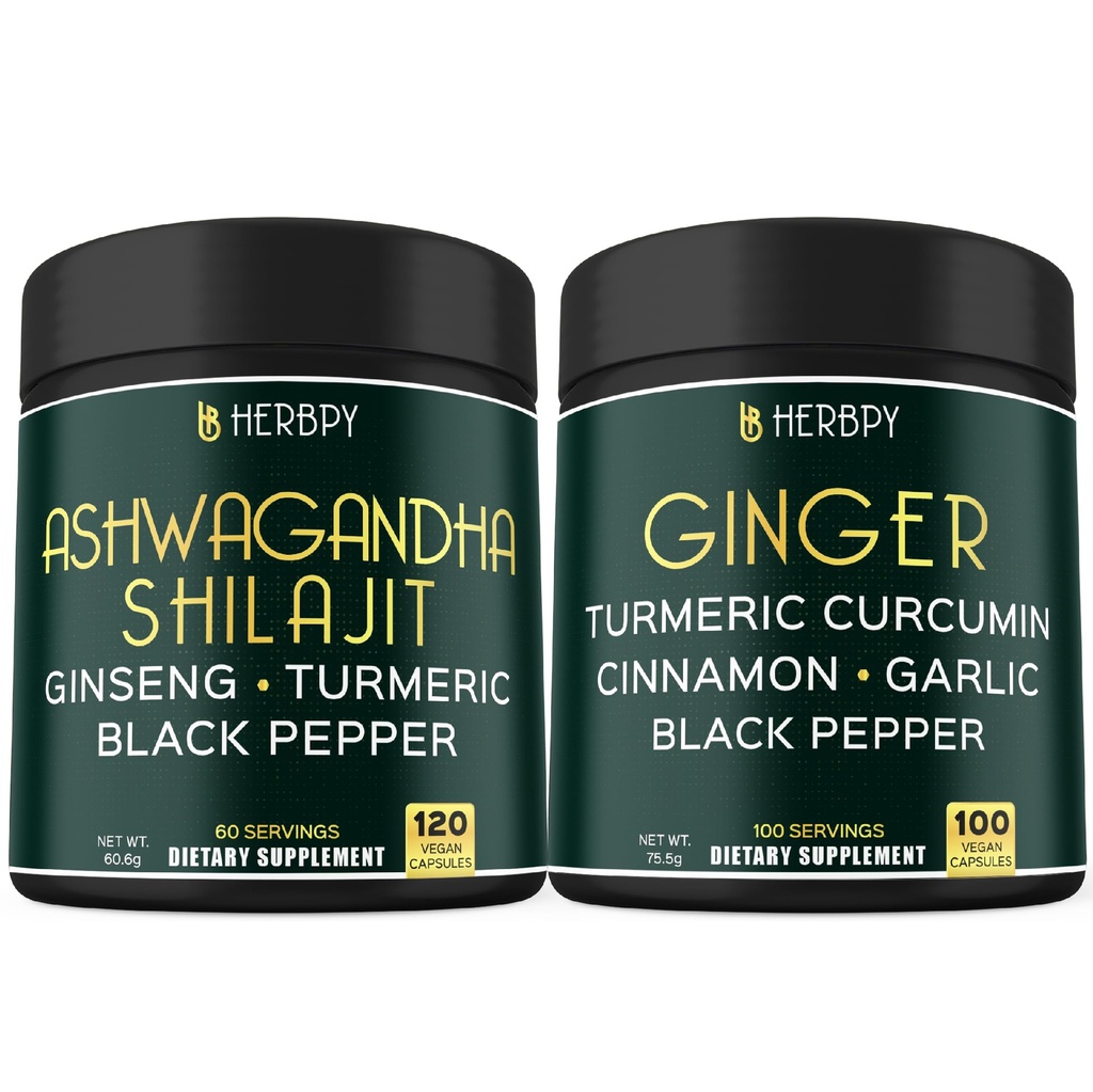 Bundle 5in1 Ashwagandha Shilajit & 5in1 Ginger Supplement - Støtte hjerte, Digestion helse og immun
