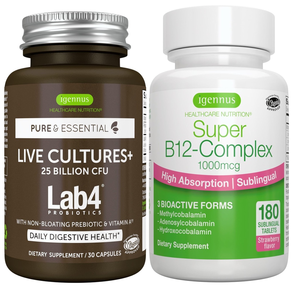 Levende kulturer+ Lab4 Probiotika + Super B12-Complex, Vegan Bundle, 25 milliarder CFU Lactobacillus Acidophilus og Bifidobacterium + høy absorpsjon Sublingual B12, ved Igennus