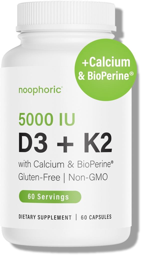 Noophorisk D3 K2 Vitamin 5000 IU - vitamin K2 100 mcg MK7, kalsium, bioperin - Bone Helse og immunstøtte Supplement - Glutenfri, Ikke-GMO - vitamin D3 K2 Supplement (60 Serveringer)