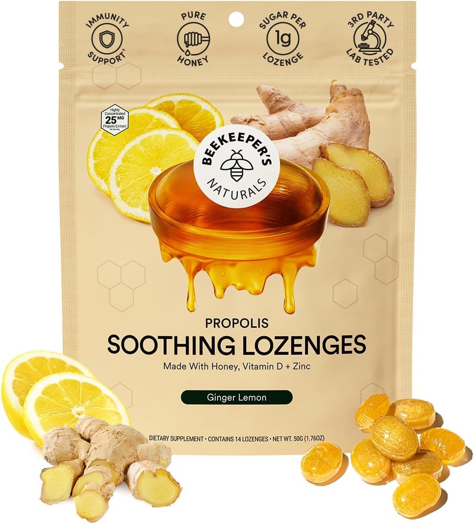 Beekeepers Naturals Soothing Honning Ginger Lemon Cough Drops - Immun støtte med vitamin D, sink og propolis Throat Soothing Lozenges, 14 Ct