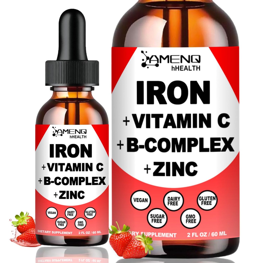 Væske jerntilskudd w/vitamin C, A, B-kompleks, Vegan jerndråper høy styrke flytende vitamin og jern kosttilskudd for kvinner, menn og barn - støtte rød blodcelle, energi, anemi og tretthet