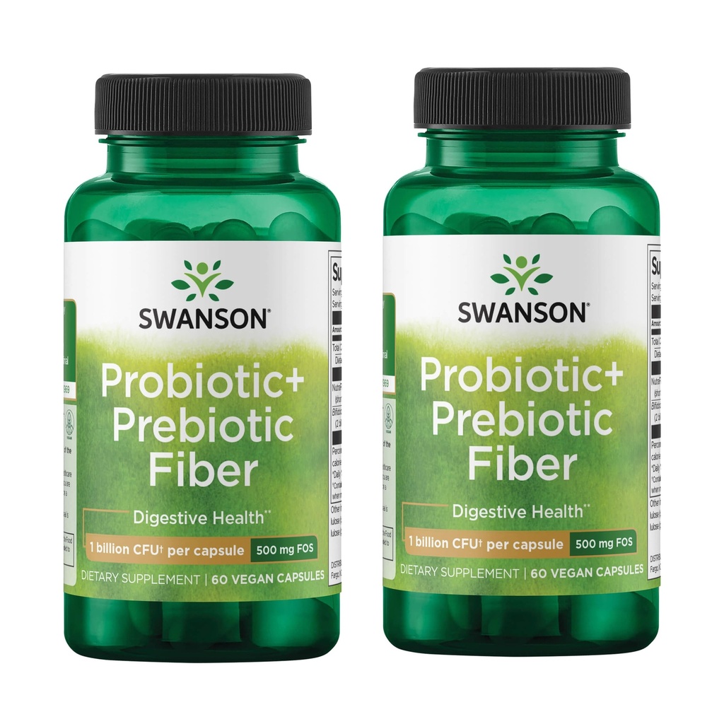 Swanson Prebiotic + Probiotic Fiber - Naturlig Supplement Fremme Digestive System & Immune Health Support - Hjelp Regularity & GI Tract Health - (60 kapsler, 500 millioner CFU Hver) (2 pakke)