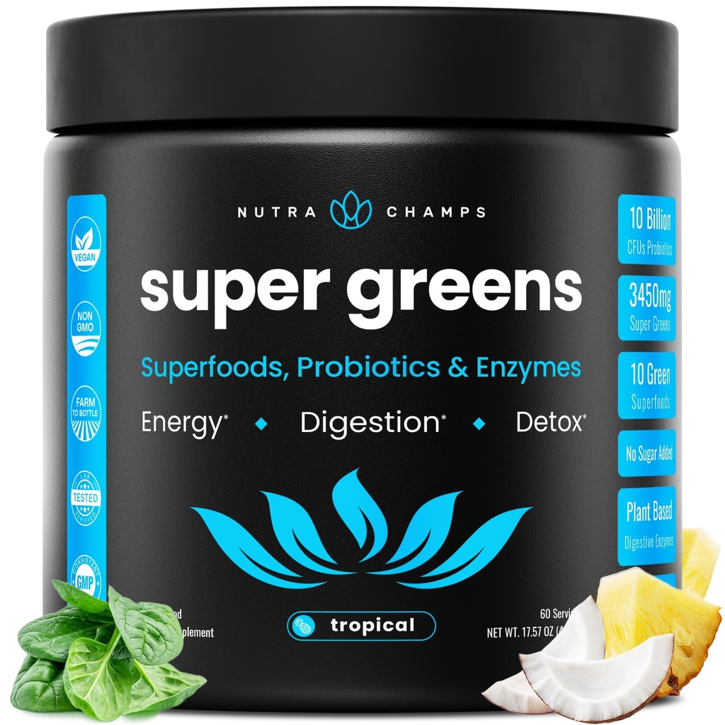 NutraChamps Super Greens Powder Premium Superfood ® 20+ Økologisk grønn grønn grønn grønn grønnsaker hele maten ® hvetebønner, Spirulina, Klorella | Antioksidant, Digestive Enzyme & Probiotiske blandinger (9.1 OZ, Tropical)