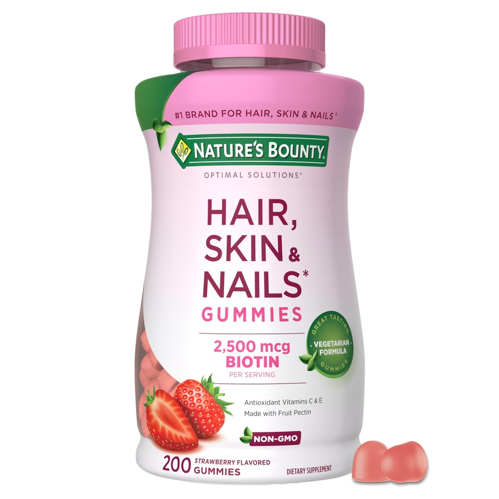 Naturens Bounty Optimale løsninger Hår, hud og negler Pectin Gummies, 2500 mht Biotin Per Serving, Ingen Stick Gummy, Vegetarisk Formel, Jordbær Flavor, 200 telle, 100 totale serveringer