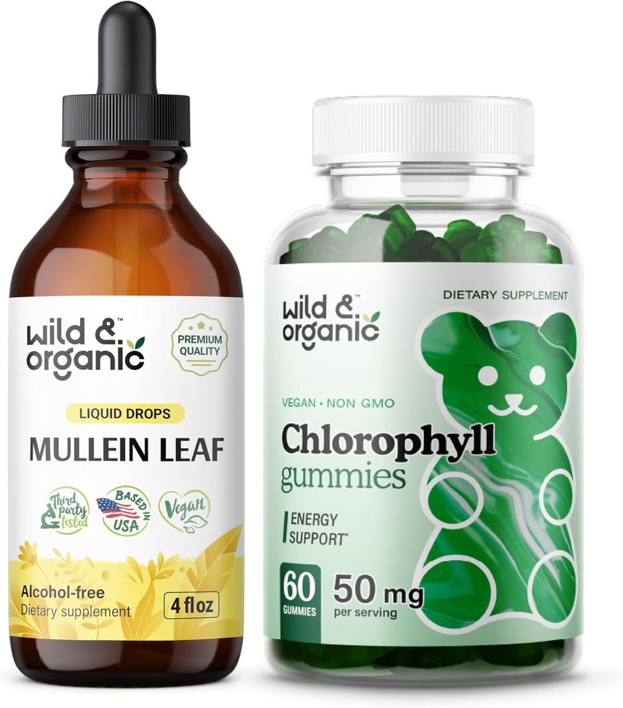 Wild & Organic Mullein Drops 4 oz & klorofyll Gummies 60 Chews