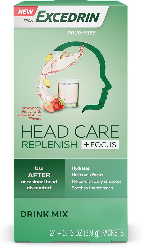 Excedrin hodepleie Replenish Plus Focus fra Excedrin Drink Bland med elektrolyter, L-theanine, Ginger og koffein for hodehelsestøtte - 24 pakker