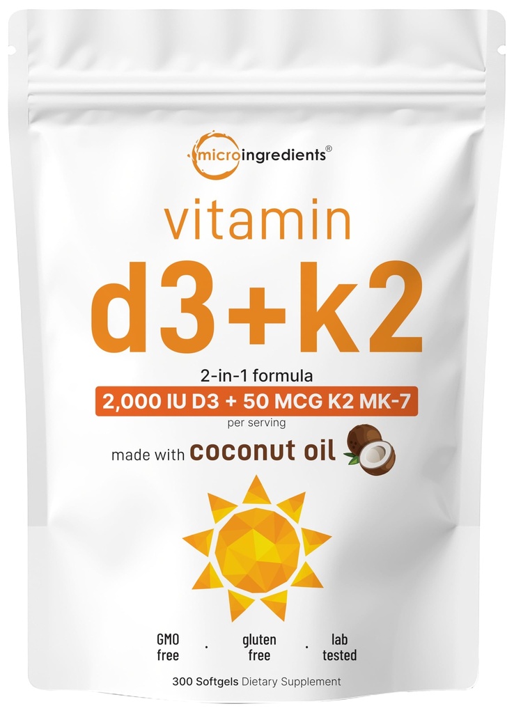 Mikroingredienser Vitamin D3 2.000 IU + K2 MK-7 50 mg, 300 Softgels | Jomfru Kokosolje | 2-i-1 Støtte | Lett å svelge, ikke-GMO