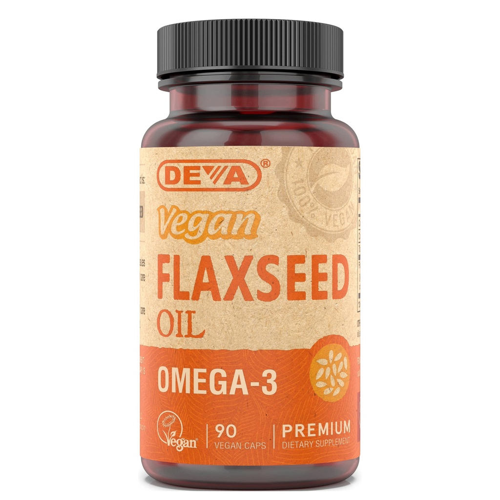 Deva Vegan Omega-3 Flaksfrø Olje Supplement - 1000 MG Per Serving - Cold-Pressed & Unrefined - Fiskeolje Alternativ - med Omega-3 ALA - 90 Kapsler, 1-Pack
