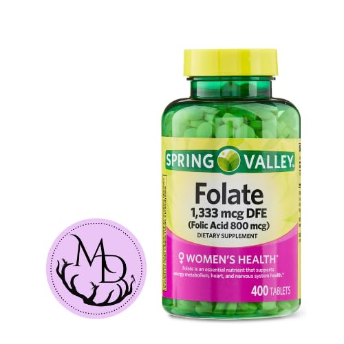 Generic Spring Valley Folate 1,333 mcg DFE, Folic Acid 800 mcg, 400 tabletter - Diett Supplement, kvinners helse Boost, metabolisme og hjerte støtte - Bundle med+ klistremerke Dri Store