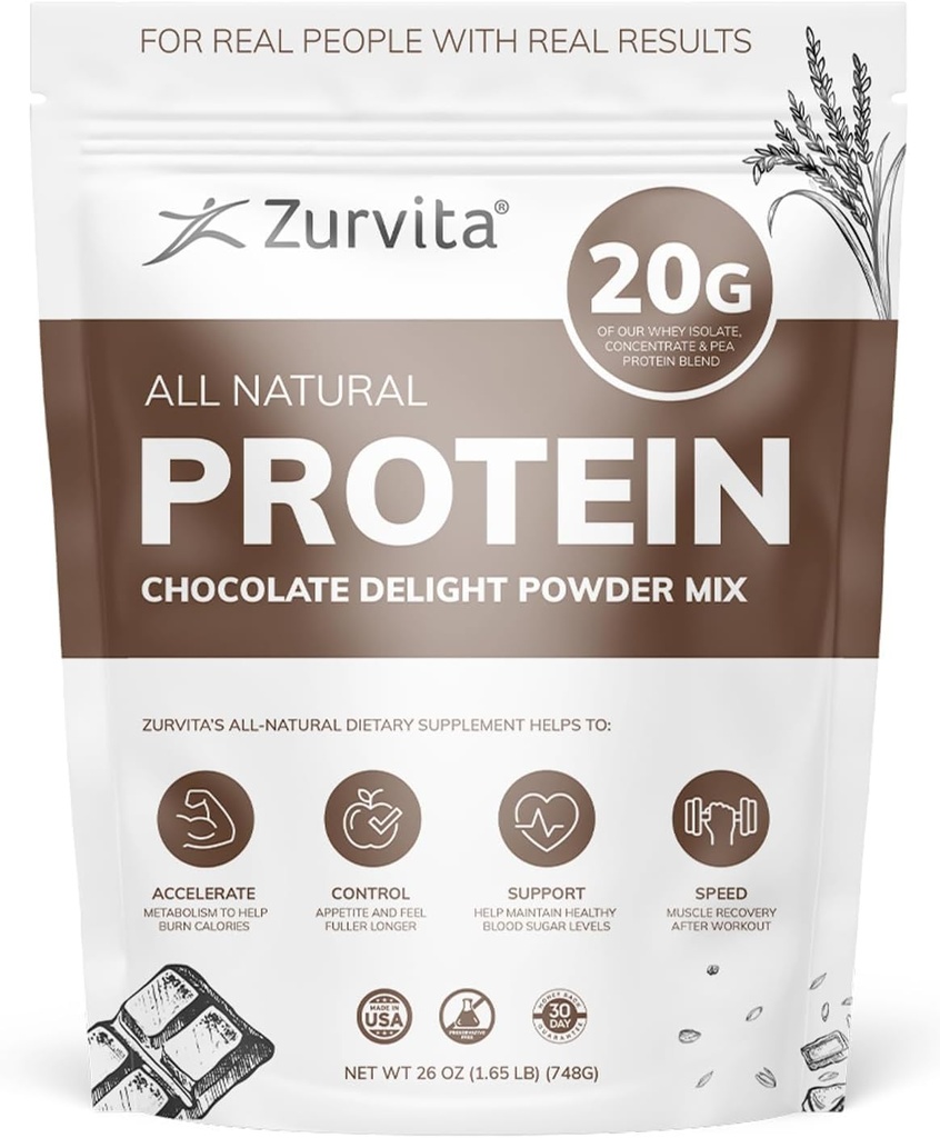 Zurvita - Sjokolade Delight Proteinpulver - 20g Protein, Probiotika, 24+ Vitaminer og Mineraler - Ingen kunstige søtningsstoffer - 26oz (20 Serveringer)