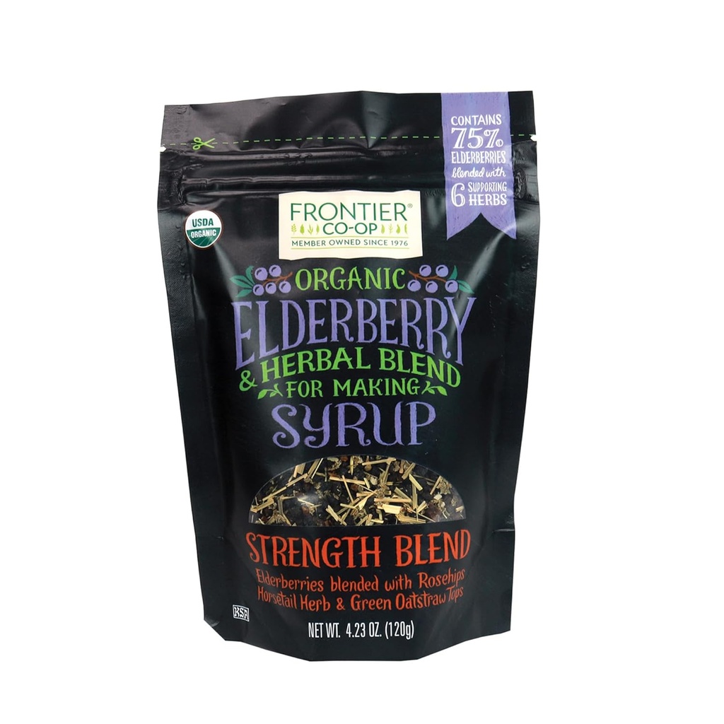 Frontier Co-op Organic Elderberry, 4,23 Ounce Veske | Tørket Elderbær til fremstilling Syrup | Kosher | Perfekt til te og urteblandinger